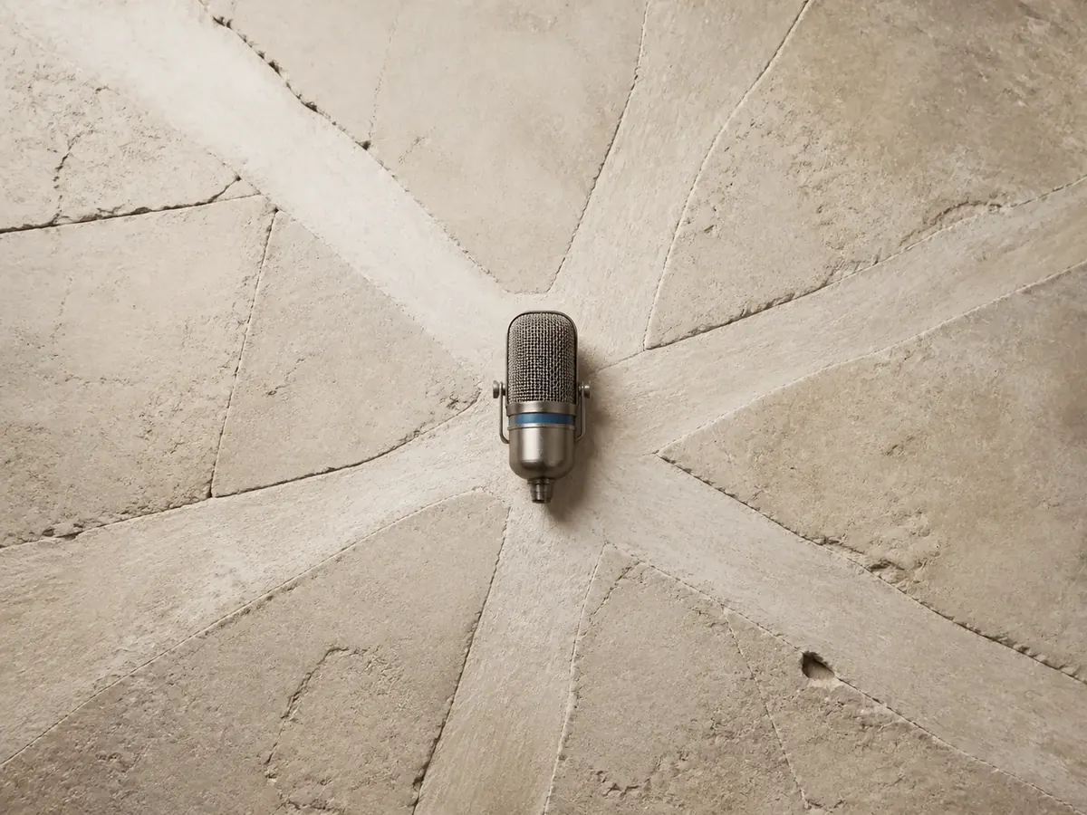 Overhead view of a stone floor where several worn footpaths converge on a single microphone
